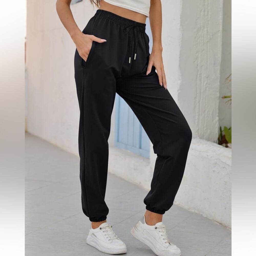 Womens High Waisted Drawstring Sweatpants Cinch Bottom Athletic Joggers Black L
